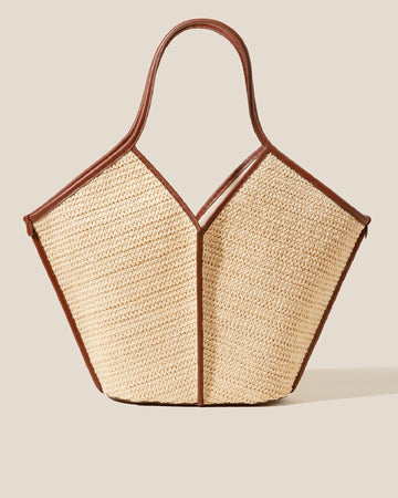 V-Cut Natural Woven Straw Shoulder Tote Bag