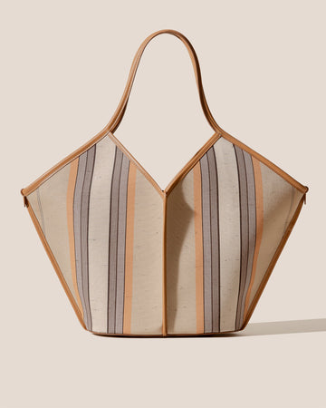 Striped Light Camel Fabric V-Cut Shoulder Tote Bag