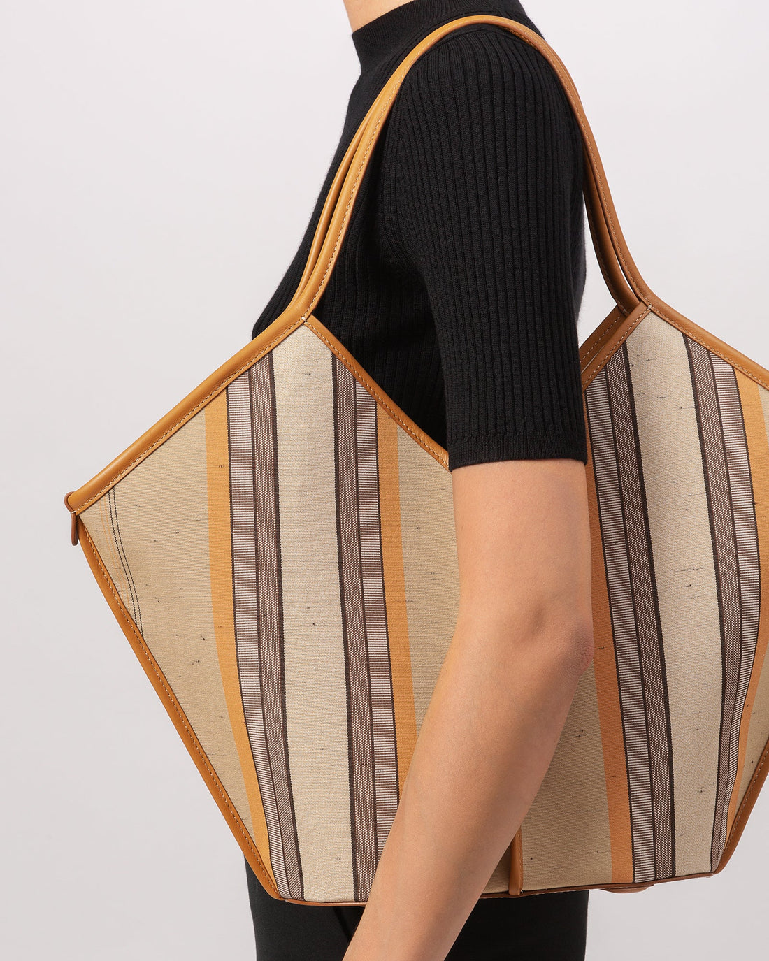 Striped Light Camel Fabric V-Cut Shoulder Tote Bag