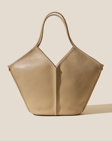 V-Cut Oat Soft Leather Large Shoulder Tote Bag