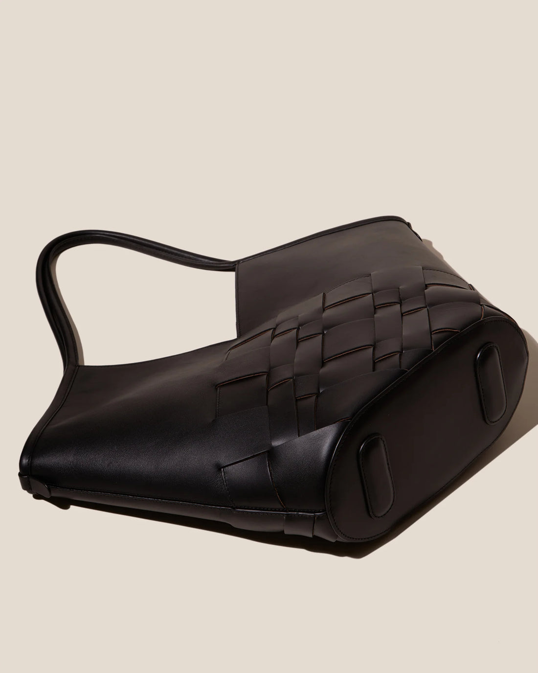 Woven Front V-Cut Leather Large Tote Bag