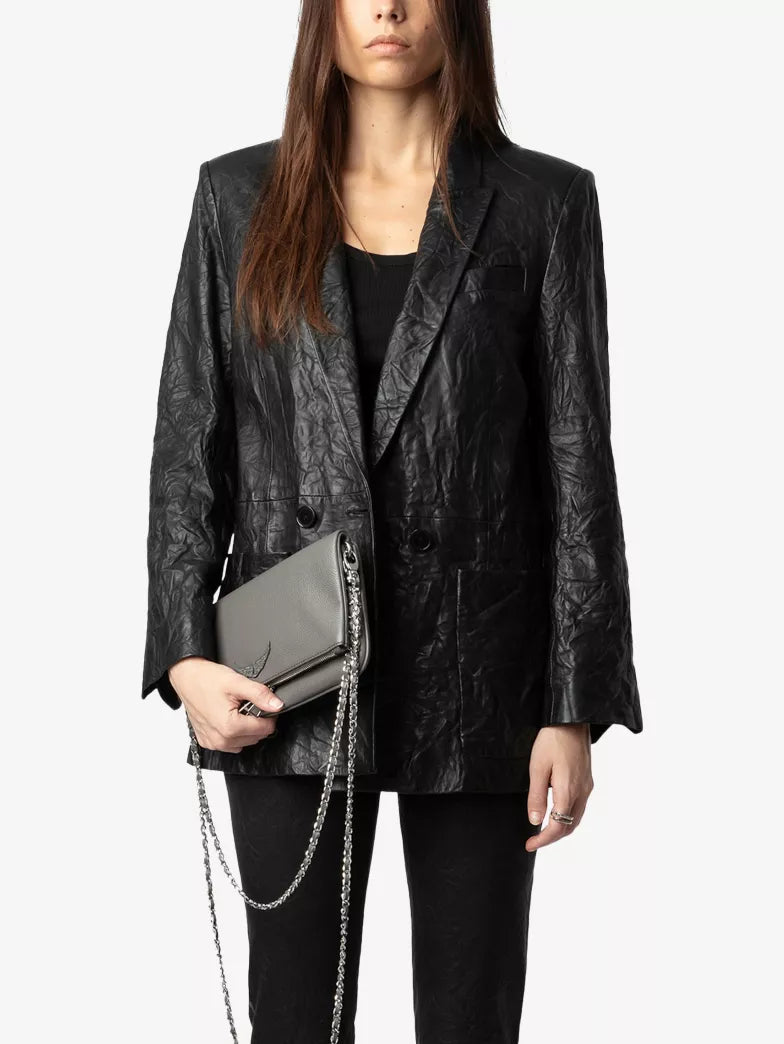 Dark Grey Wing Rhinestone Flap Chain Crossbody Clutch Bag