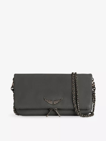Dark Grey Wing Rhinestone Flap Chain Crossbody Clutch Bag