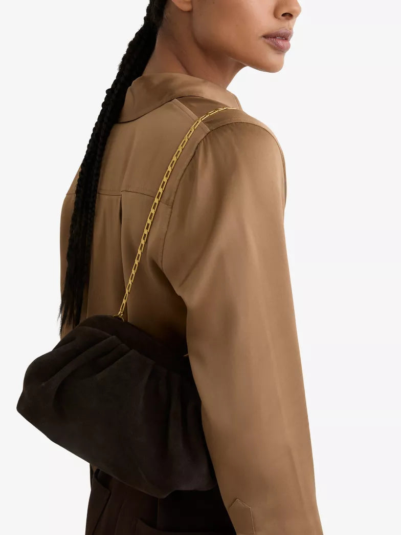 Black Brushed Suede Gathered Soft Clutch Bag with Chain Strap