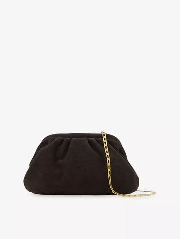 Black Brushed Suede Gathered Soft Clutch Bag with Chain Strap