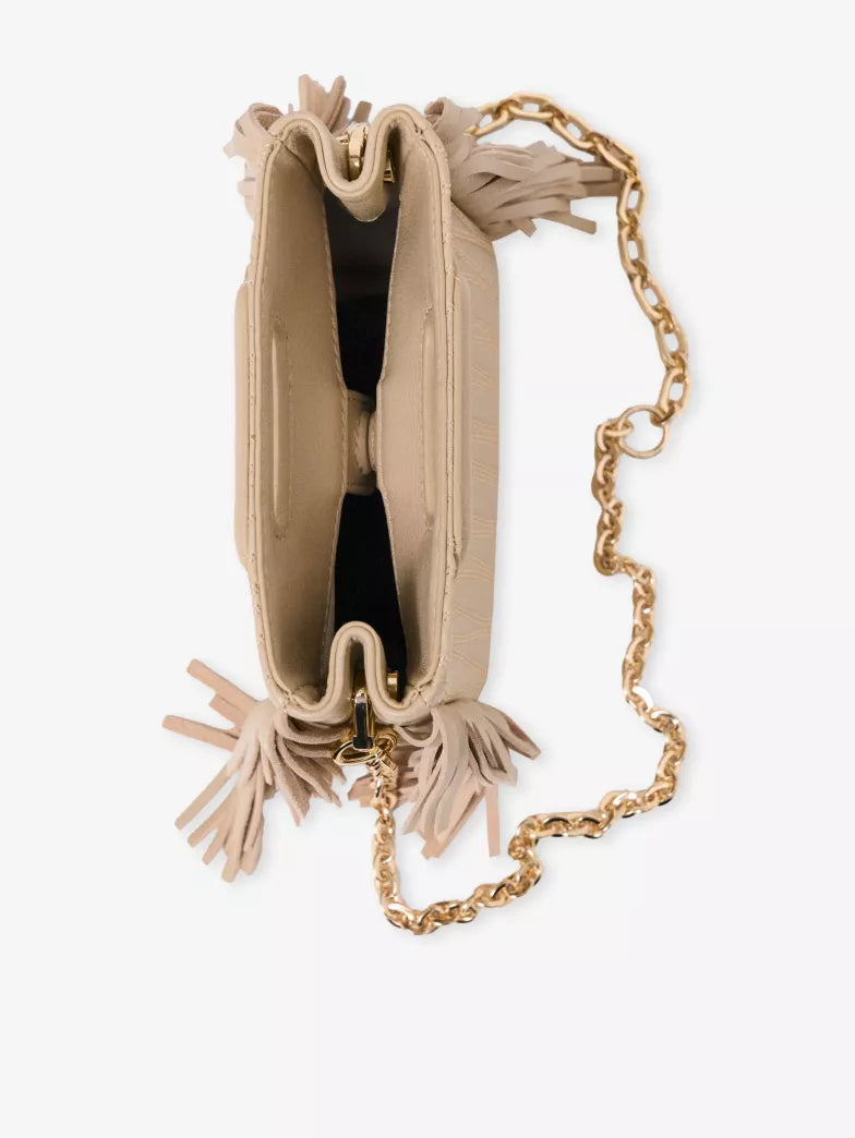 Cream Stitched Fringe Mini Top Handle Crossbody Bag