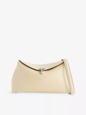 Cream T-Lock Structured Leather Crossbody Clutch Bag