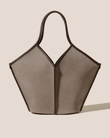 V-Neck Calf Suede Ash Grey Large Tote Bag